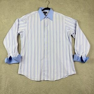 Paul Frederick Mens Striped Dress Shirt 17-36 Blue White Cotton Dobby